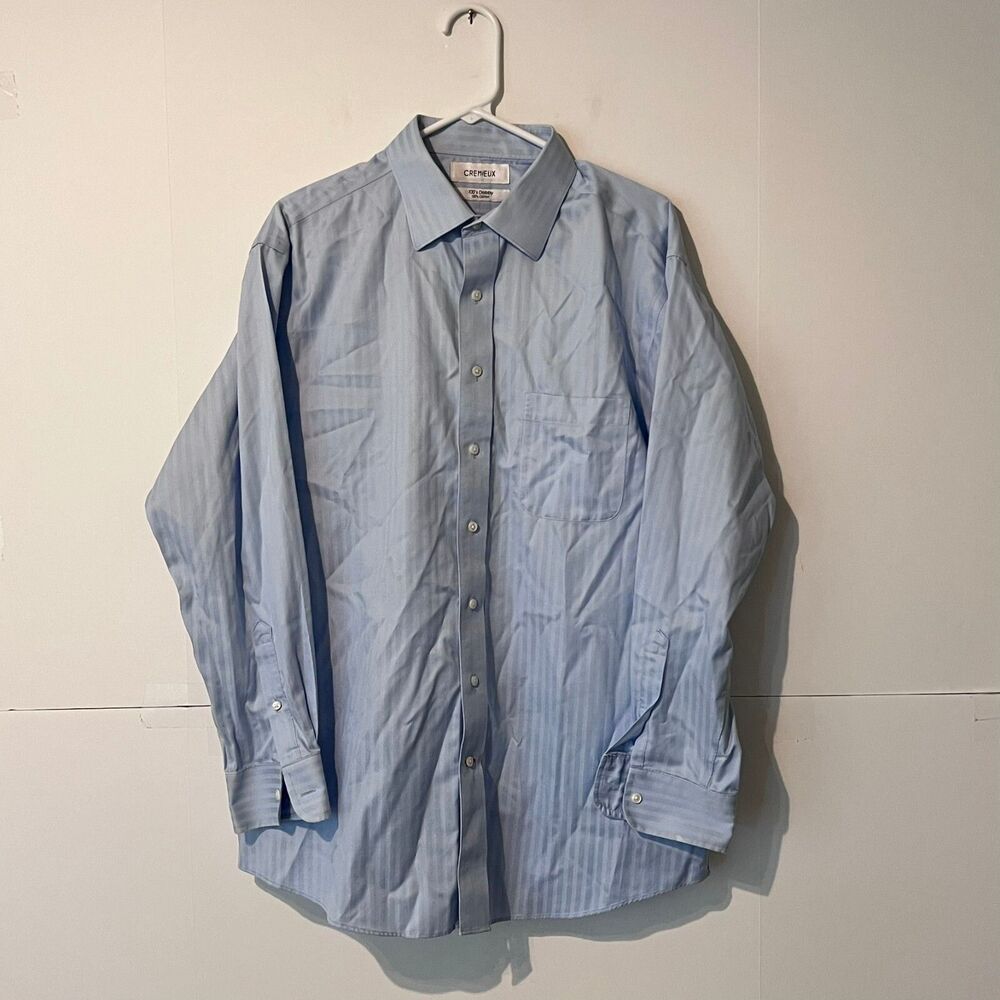 Cremieux Mens Dress Shirt Size 16.5-33 Light Blue Striped 100S Dobby Cotton